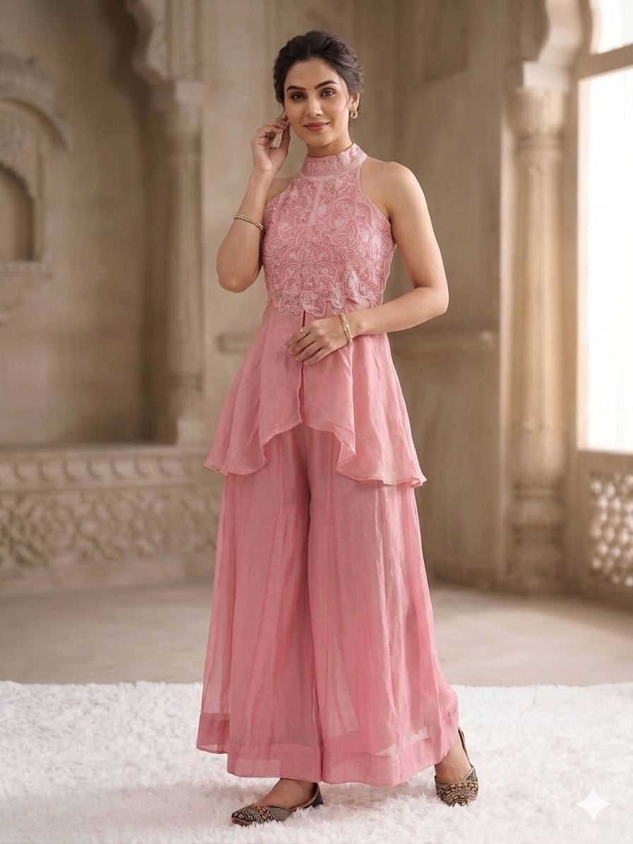 Elegant Blush Pink Peplum Kurti and Flared Palazzo Set Embellished with Delicate Resham Embroidery and Mirror Work